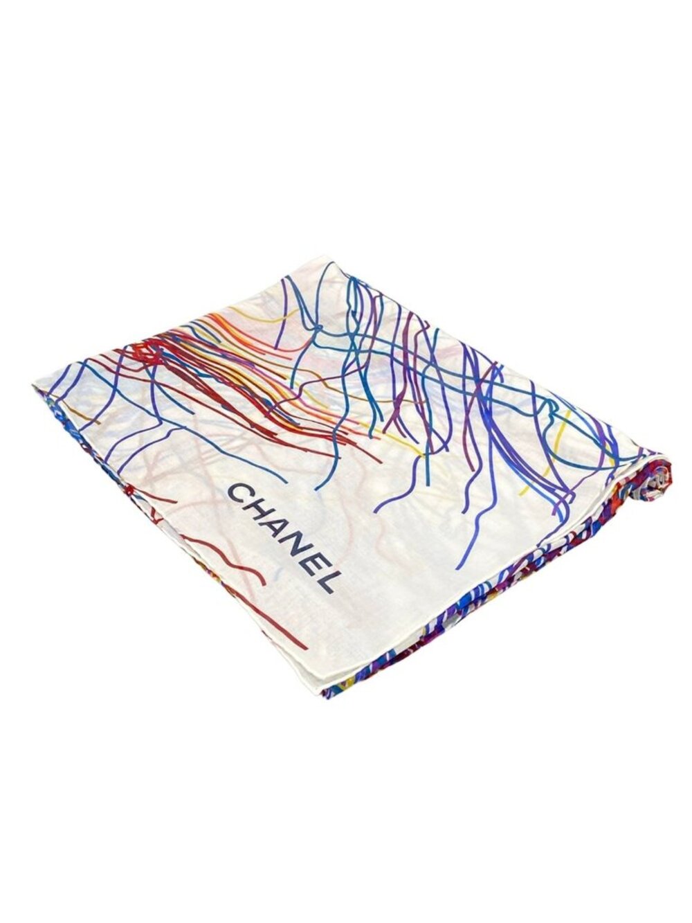 Chanel Shawl White CC Logo Cotton Scarf